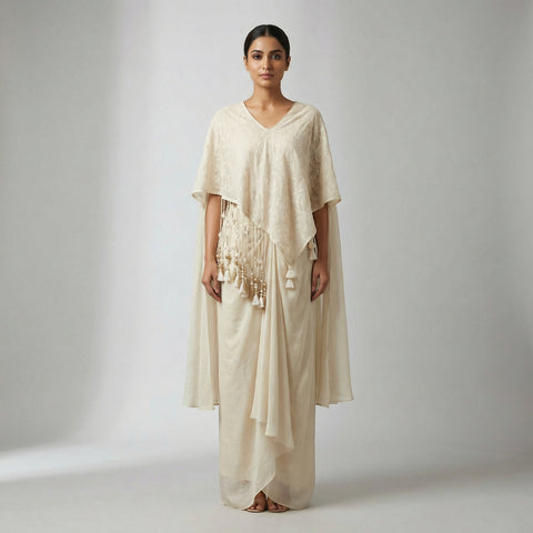A-line top with flowing wide-leg palazzo pants and a draped cape. Suit - Classic Off White