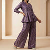 Fitted bodice with flared peplum top, wide leg palazzo pants. Suit - Deep Violet