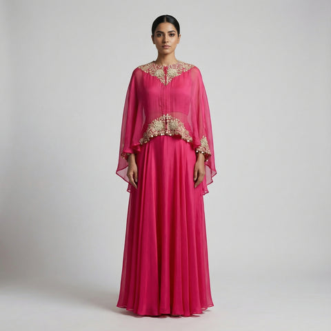 Flowing cape top with A-line skirt Suit - Fuchsia Pink