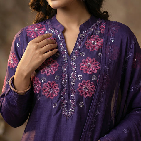 Straight-fit kurta with straight pants Suit - Deep Violet