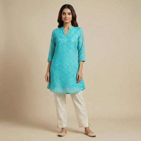A-line Kurti with straight pants Suit - Ocean Turquoise