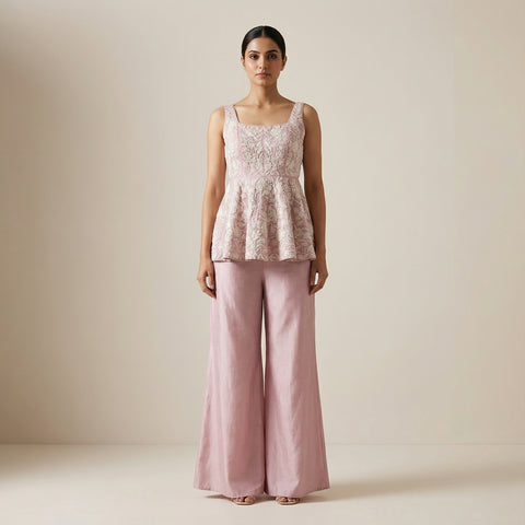 Peplum top with relaxed fit palazzo pants Indo-Western - Dusty Rose