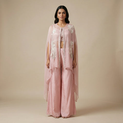 Relaxed fit cape and wide leg palazzo pants Indo-Western - Lavender Blush