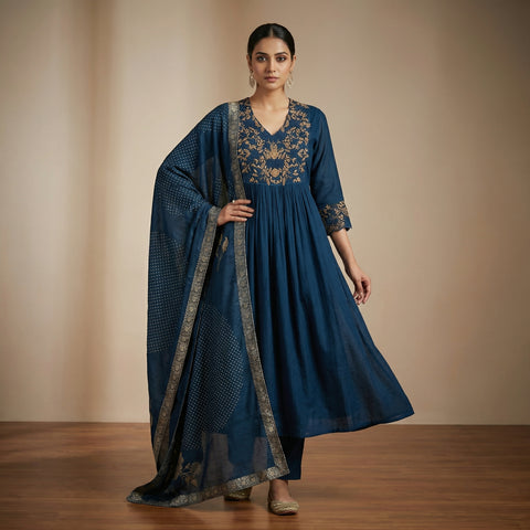 Anarkali Kurti with straight pants Suit - Teal Blue