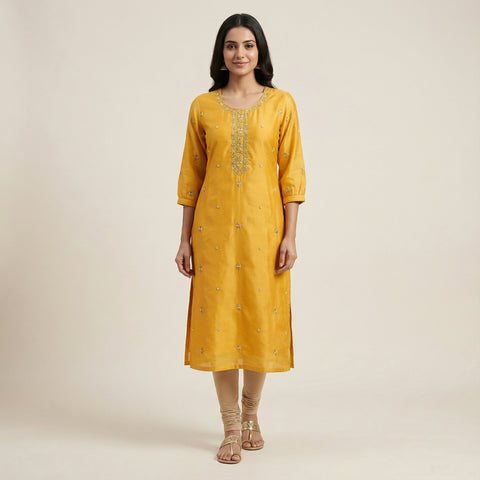 Straight fit kurti with likely straight or slightly flared bottoms. Suit - Golden Yellow