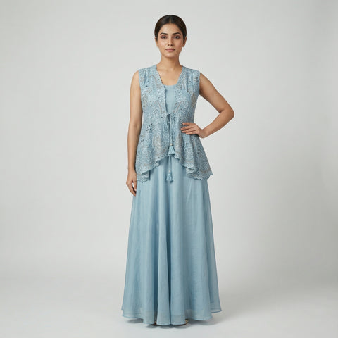 Relaxed fit vest, A-line top, Flowing bottom Suit - Turquoise Blue