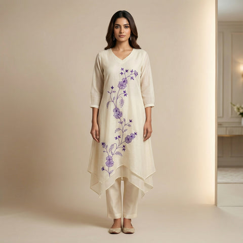 A-line Suit - Ivory with Violet Embroidery