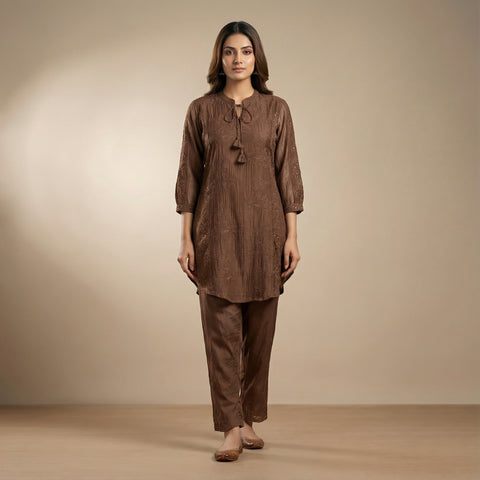 Straight fit top with relaxed fit pants Suit - Deep Chocolate Brown