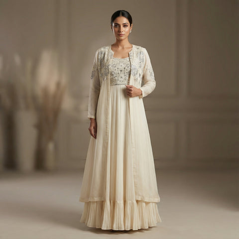 A-line Dress with Straight Cape Suit - Ivory White