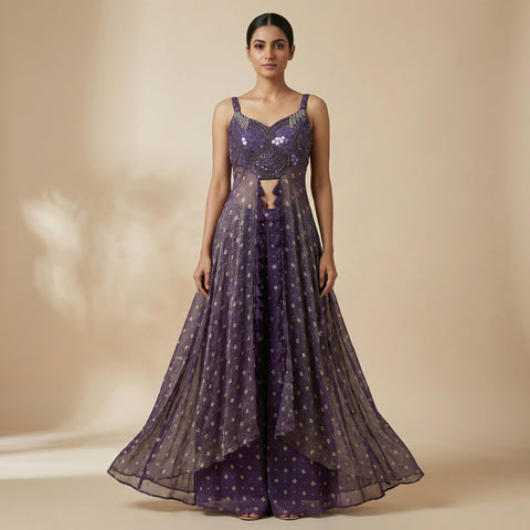 Fitted crop top with flowing asymmetrical skirt Suit - Royal Purple