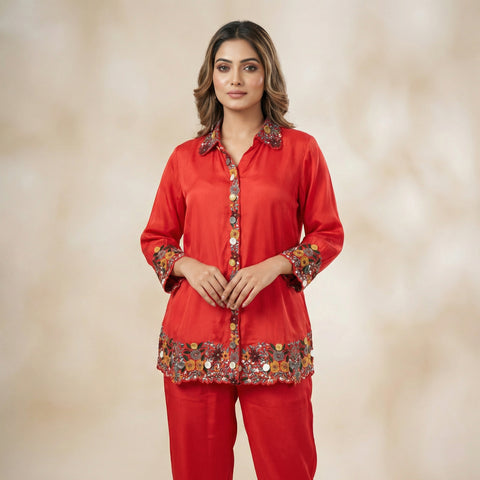 Relaxed fit top with straight leg pants Suit - Scarlet Red