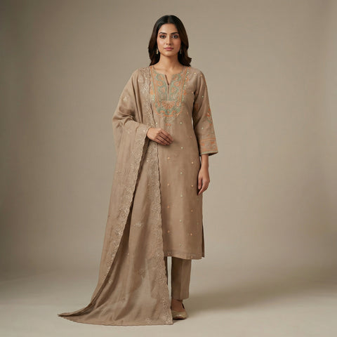 Straight fit kurta with straight pants Suit - Chiku Brown