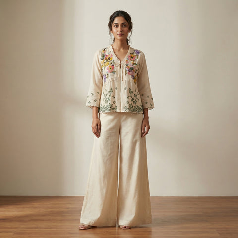 A-line top with relaxed, wide-leg pants Suit - Classic Off-White