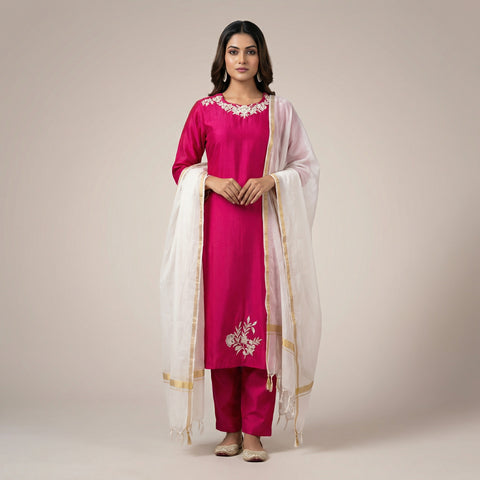 Straight fit kurta with straight pants Suit - Fuchsia Pink