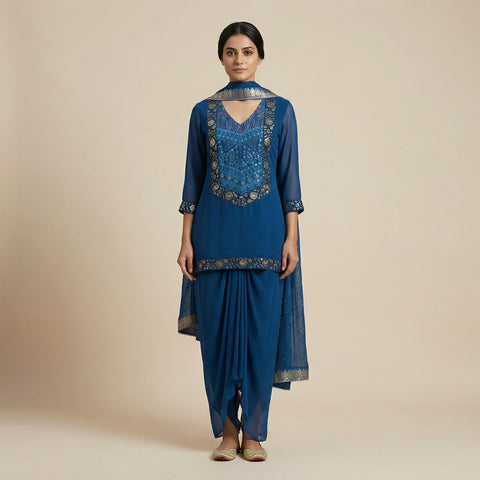 Straight fit kurta with wide leg palazzo pants Suit - Teal Blue