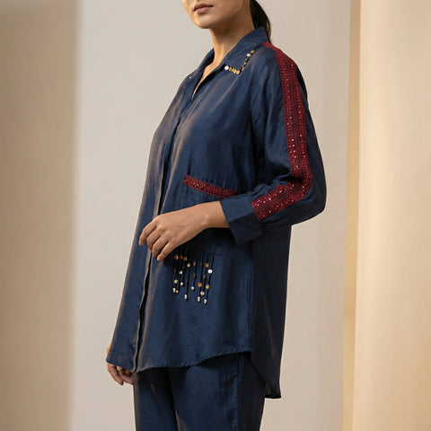 Relaxed fit top with wide-leg pants Suit - Deep Blue