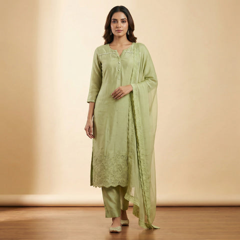 Straight fit kurta with slim fit pants Suit - Olive Green