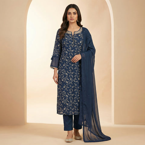 Straight fit kurta with straight pants Set - Midnight Blue