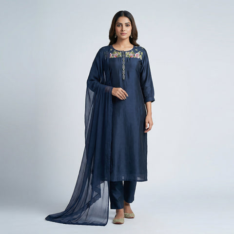 Straight kurta with slim-fit pants Suit - Midnight Blue
