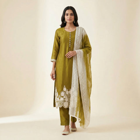Straight fit kurta with straight pants. Suit - Olive Green