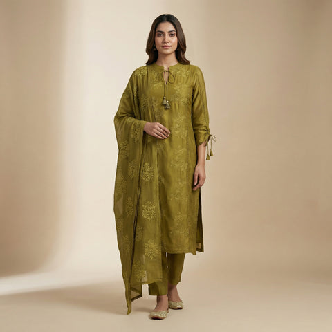 Straight fit kurta with straight pants Suit - Olive Green