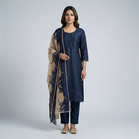 Straight fit kurti with straight pants Suit - Midnight Blue