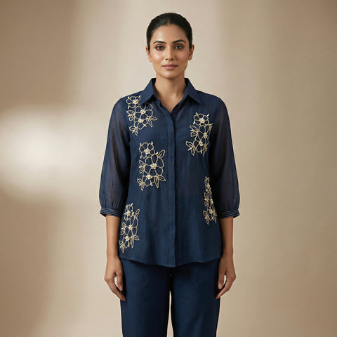 Straight fit kurta with relaxed straight pants Set - Midnight Blue