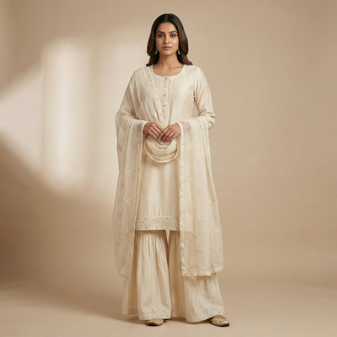 Straight-fit kurti with ruffled palazzo pants Suit - Classic Off White