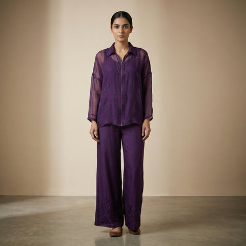 Relaxed fit top with straight leg pants Suit - Plum Purple